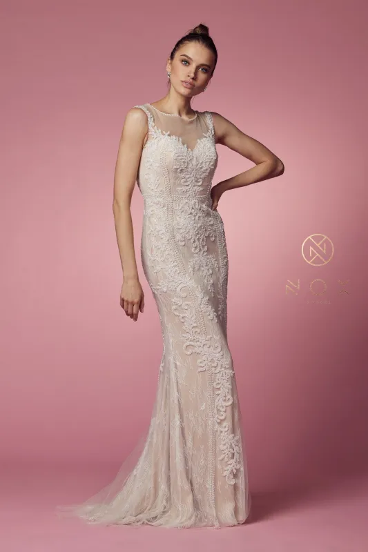 NOX ANABEL E1006 Beaded Illusion Fitted Formal Dress sold by The Gown Galleria