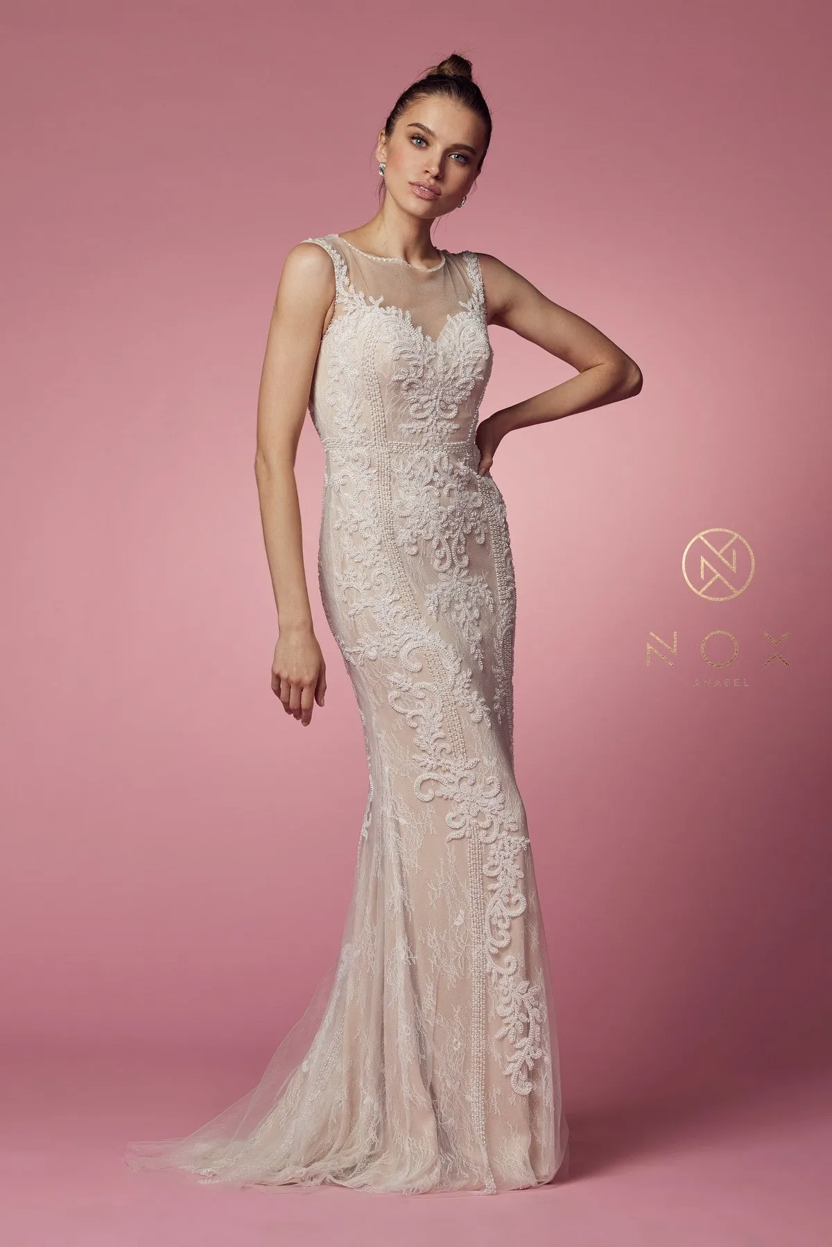 NOX ANABEL E1006 Beaded Illusion Fitted Formal Dress sold by The Gown Galleria
