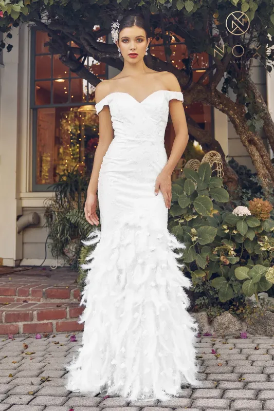 NOX ANABEL C1106W Beaded Off-Shoulder Feather Fitted Wedding Dress sold by The Gown Galleria