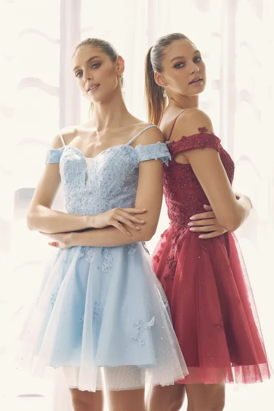 JULIET 866 Leaf Lace Embroidered Off-Shoulder Short Dress sold by The Gown Galleria