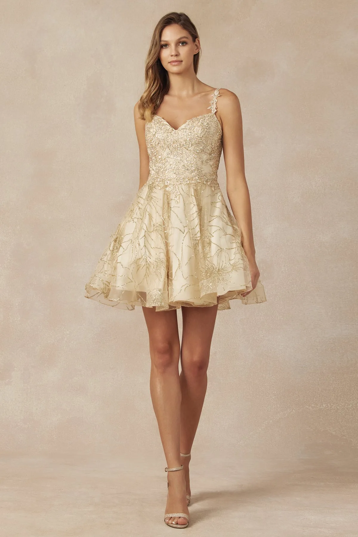 JULIET 838 Gold Embroidered Swirling Patterns Short Dress sold by The Gown Galleria product image thumbnail 3