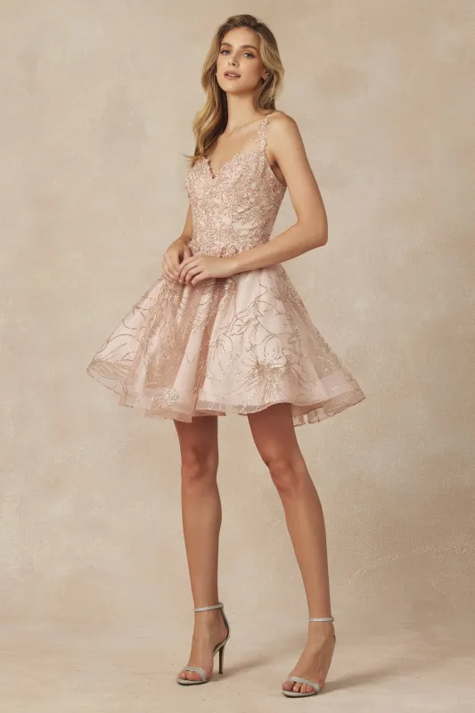 JULIET 838 Gold Embroidered Swirling Patterns Short Dress sold by The Gown Galleria