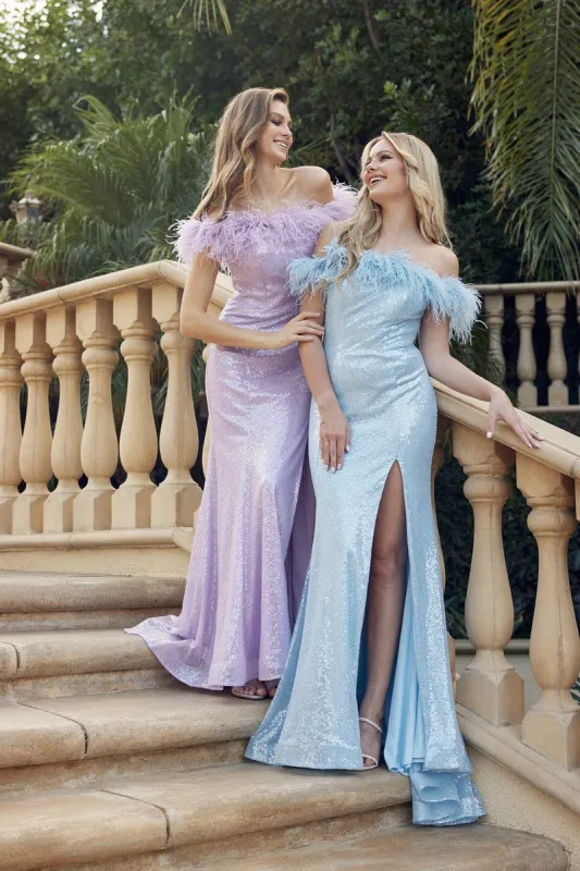 JULIET 292 Feather Neckline Off-Shoulder and High Slit Gown sold by The Gown Galleria