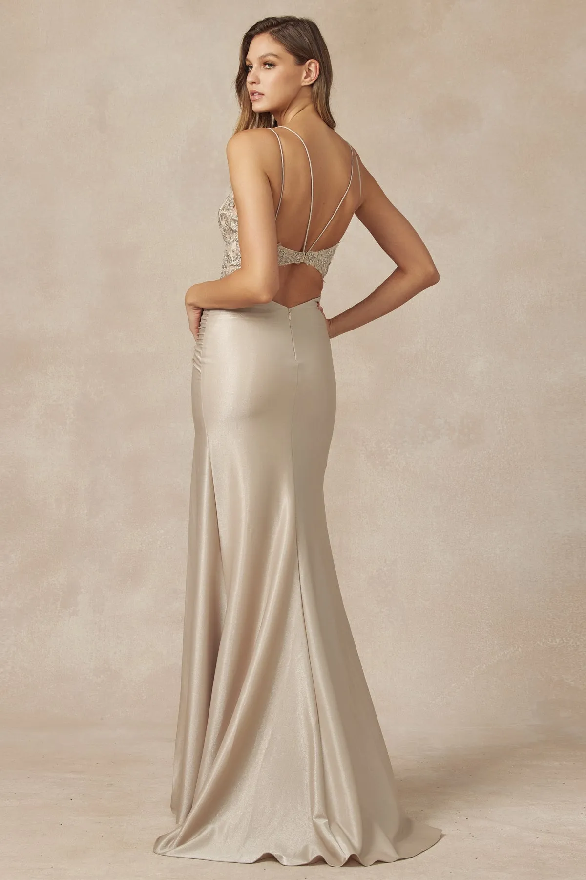 JULIET 282 Embroidered Bodice Fitted Skirt Slit with Ruched Waist Gown sold by The Gown Galleria product image thumbnail 2
