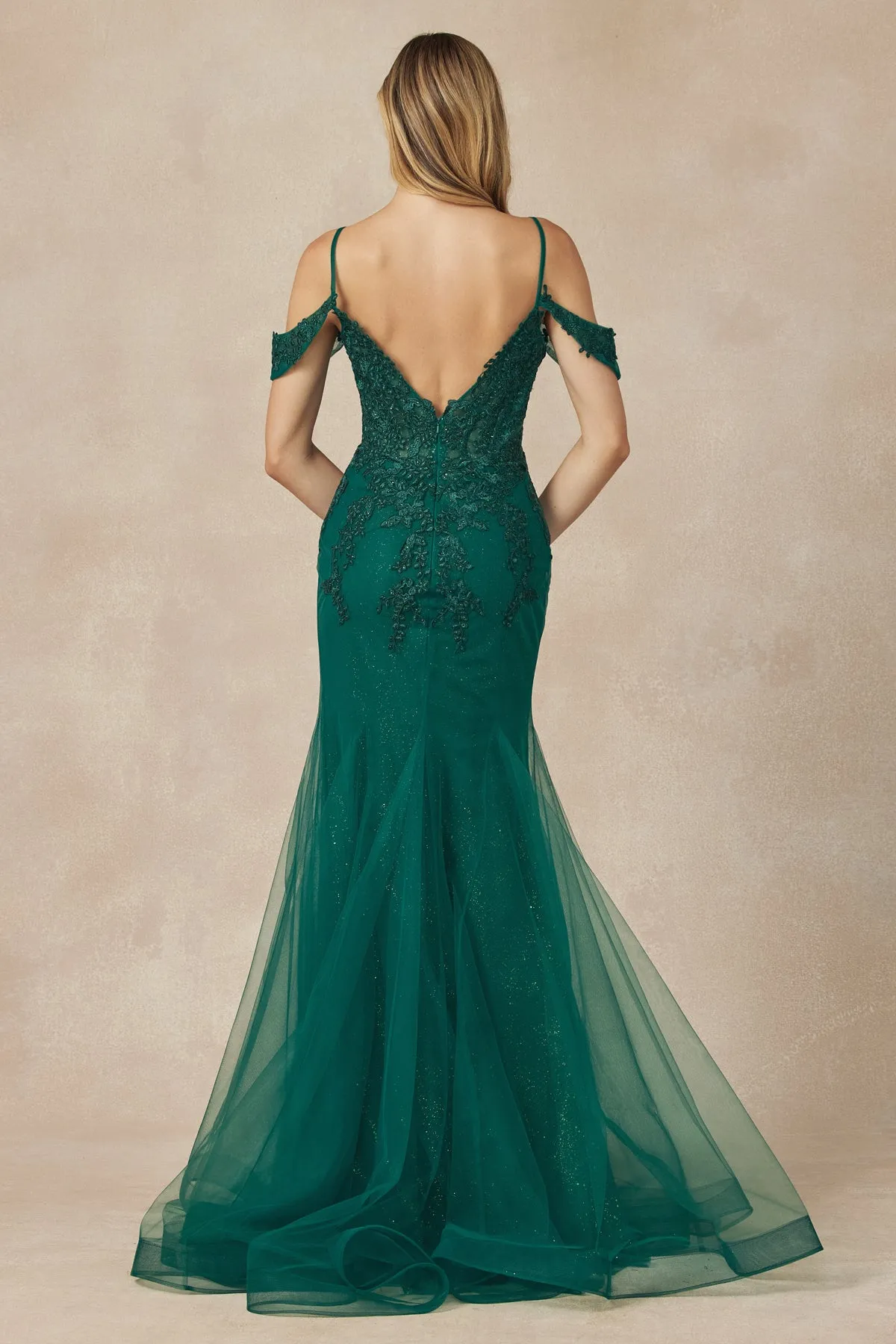 JULIET 281 Long Mesh Gown with Off-Shoulder Sleeves and Mermaid Skirt sold by The Gown Galleria product image thumbnail 2