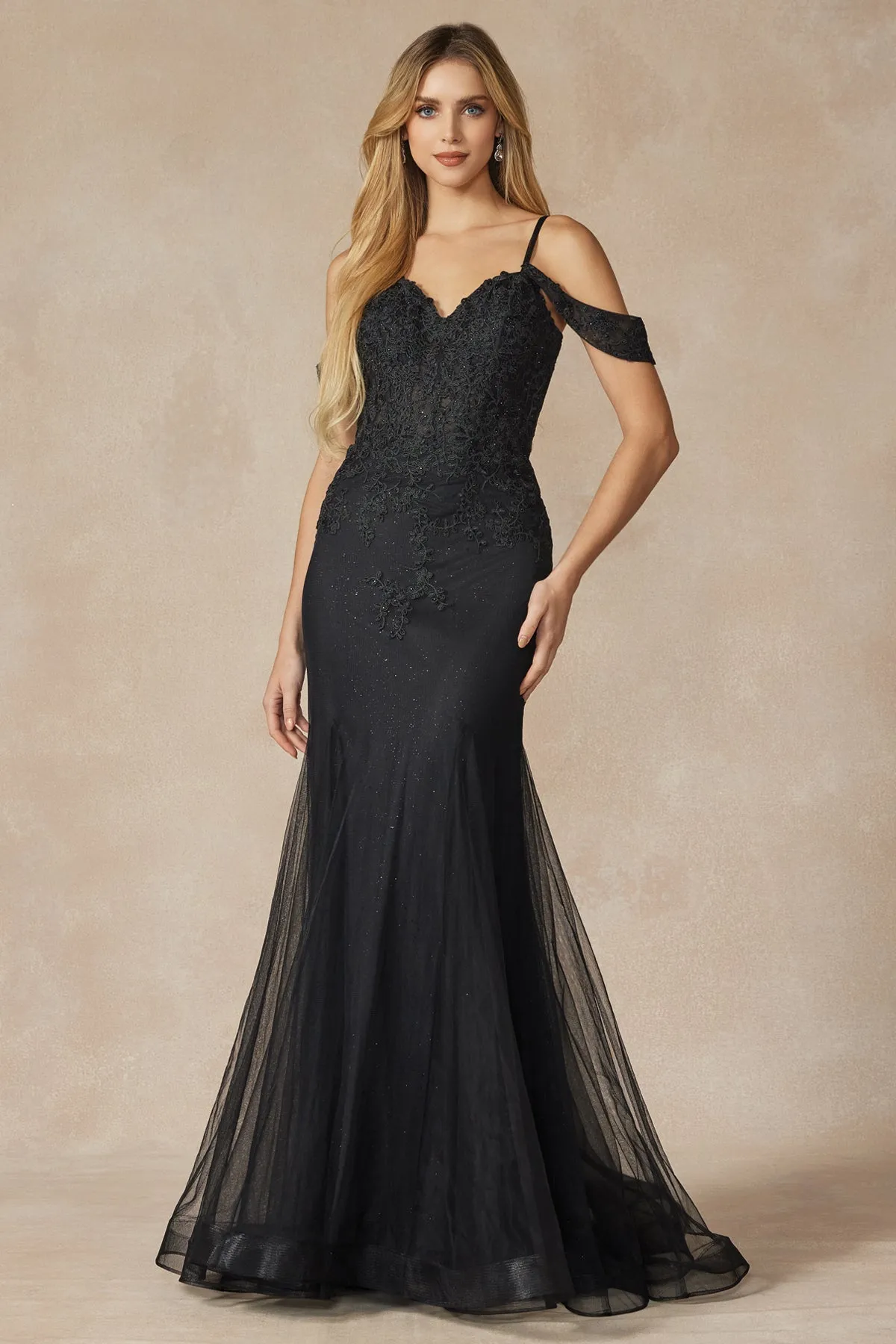 JULIET 281 Long Mesh Gown with Off-Shoulder Sleeves and Mermaid Skirt sold by The Gown Galleria product image thumbnail 5