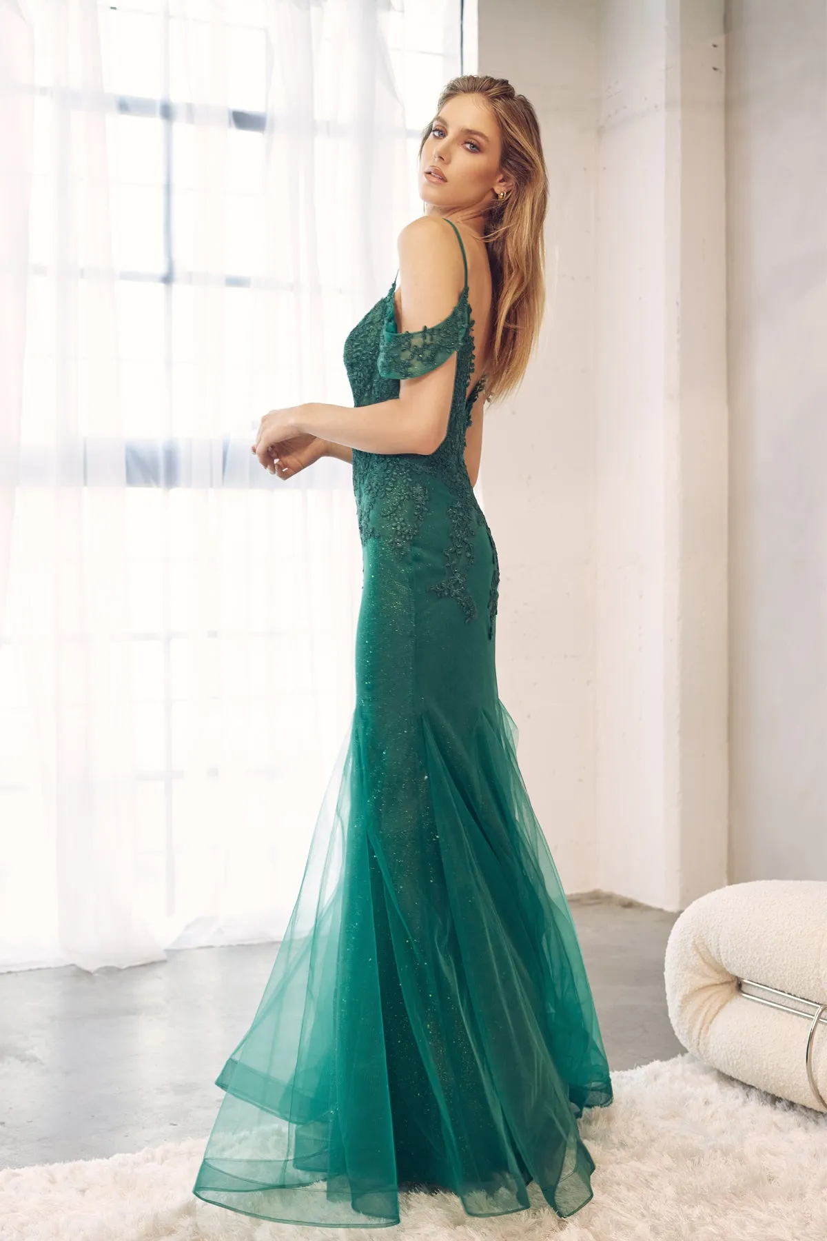 JULIET 281 Long Mesh Gown with Off-Shoulder Sleeves and Mermaid Skirt sold by The Gown Galleria product image thumbnail 4