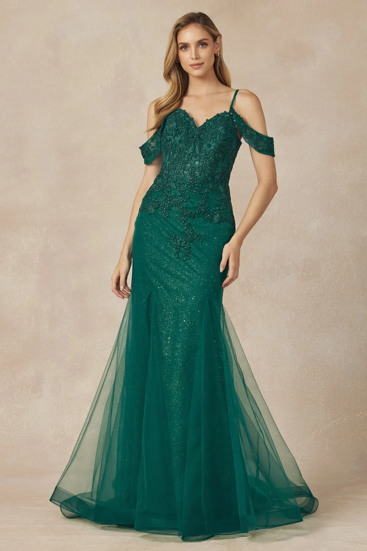 JULIET 281 Long Mesh Gown with Off-Shoulder Sleeves and Mermaid Skirt sold by The Gown Galleria product image thumbnail 3