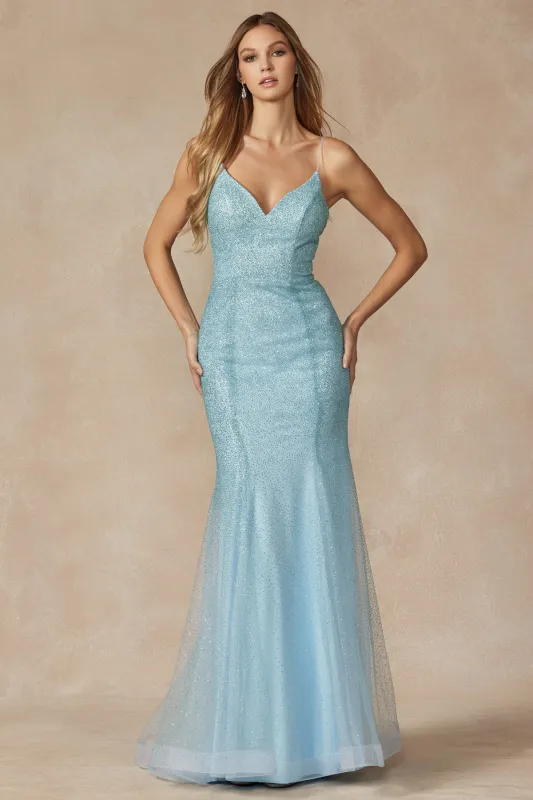 JULIET 271 Glitter Mesh Fitted Evening Gown sold by The Gown Galleria