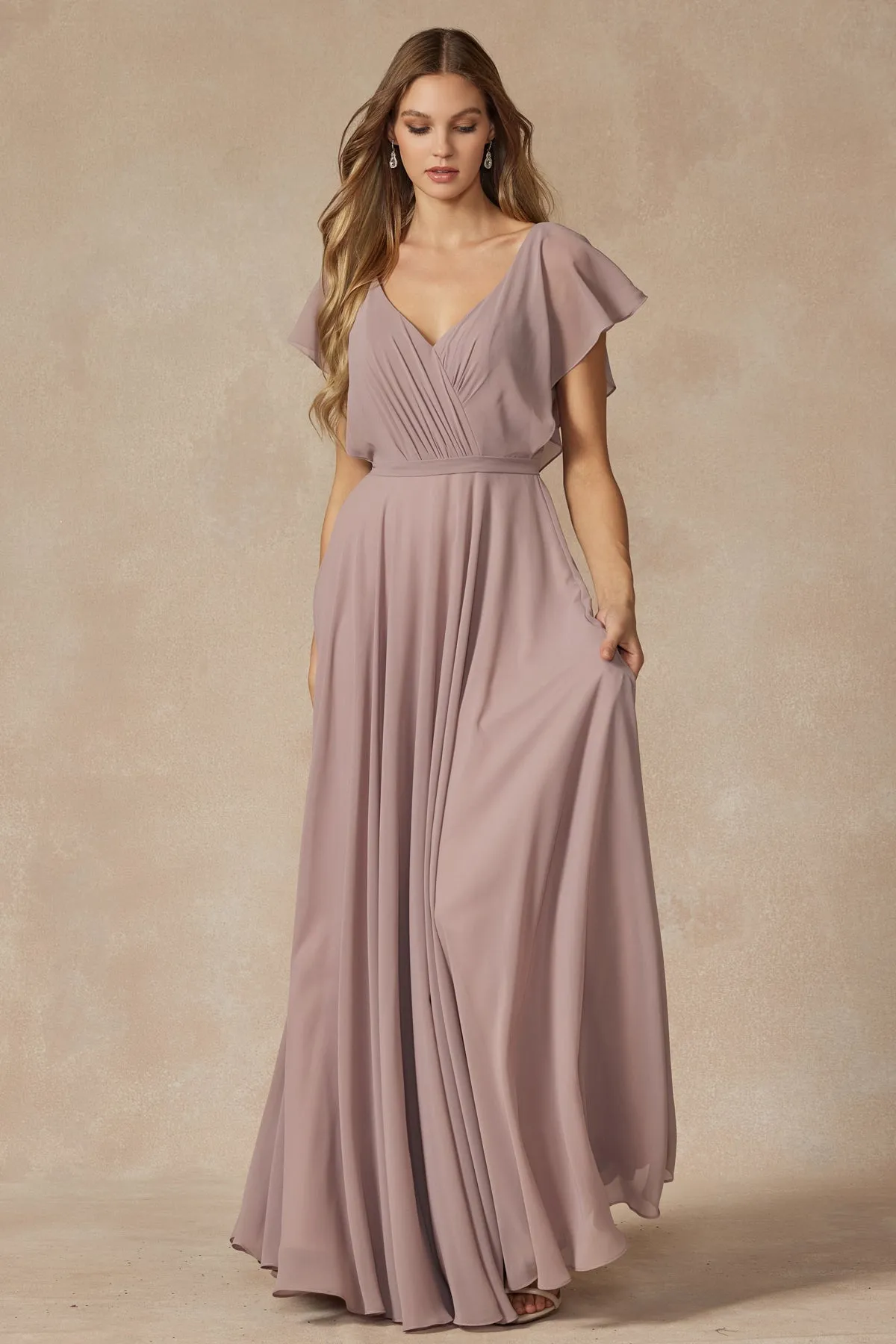 JULIET 261 Flutter Sleeve Formal Bridesmaid Dress with Cascade Back sold by The Gown Galleria product image thumbnail 3