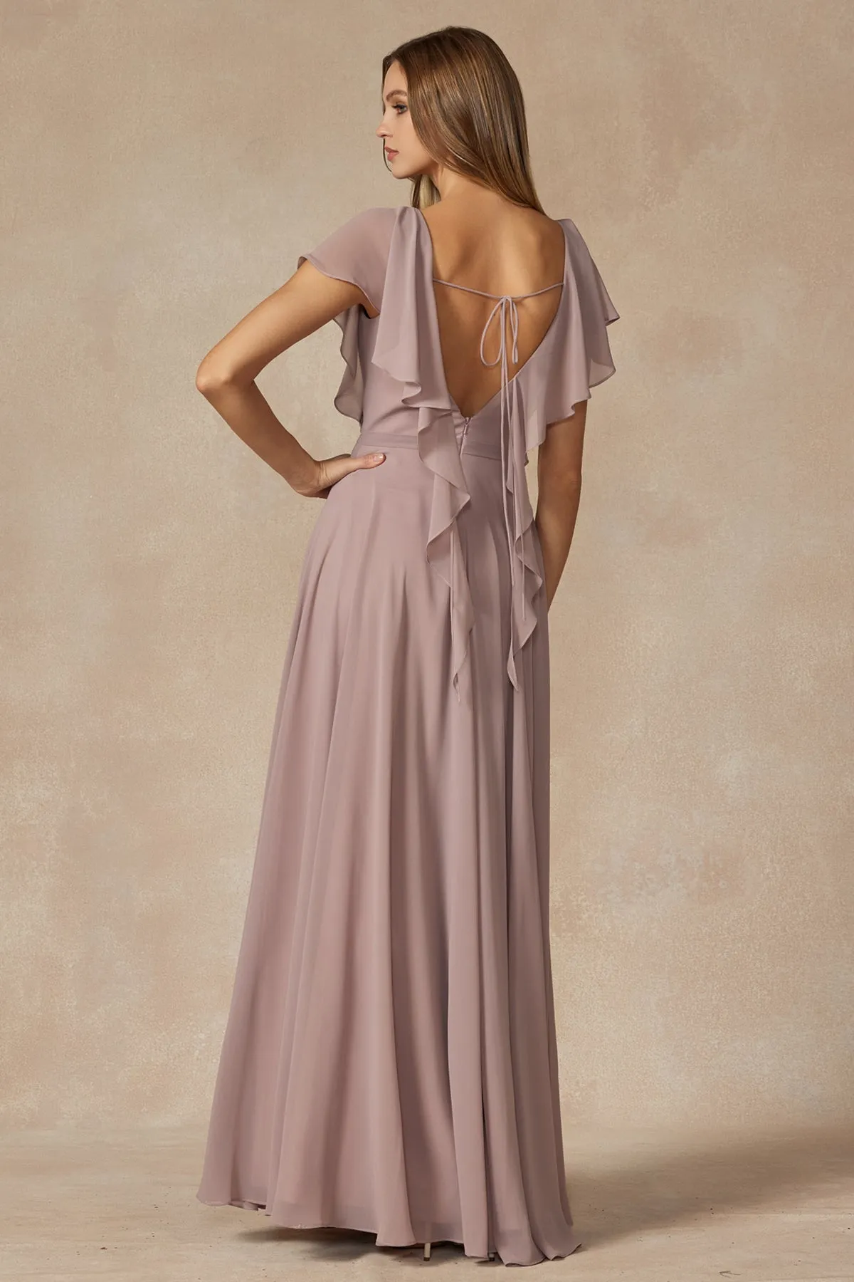 JULIET 261 Flutter Sleeve Formal Bridesmaid Dress with Cascade Back sold by The Gown Galleria product image thumbnail 2