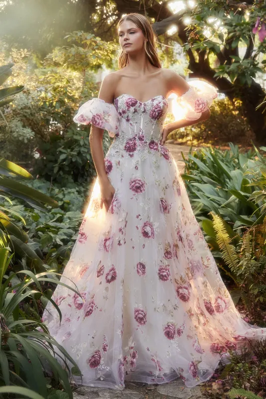 ANDREA & LEO A1133 Floral Print Bodice Ball Gown Dress sold by The Gown Galleria