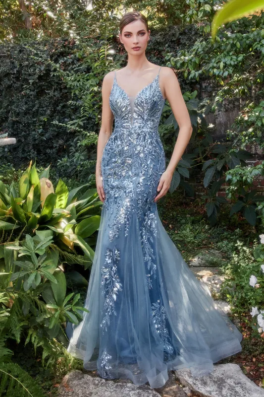 ANDREA & LEO A1118 Beaded Deep V Neck Tulle Mermaid Dress sold by The Gown Galleria