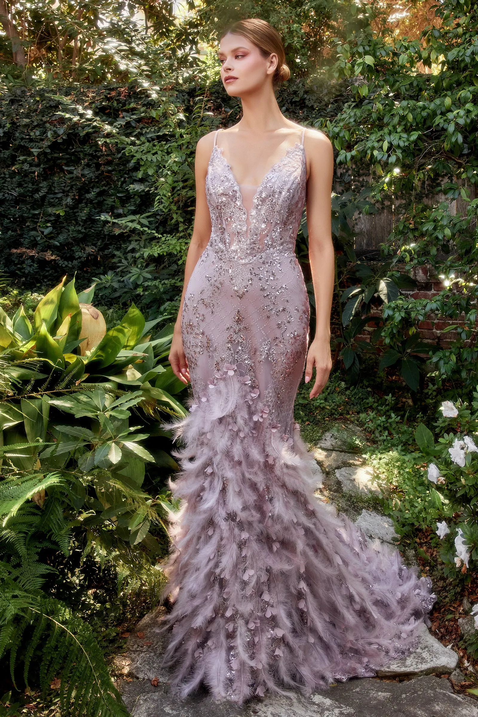 ANDREA & LEO A1116 Glitter Deep V-Neck Feather Mermaid Dress sold by The Gown Galleria product image thumbnail 4