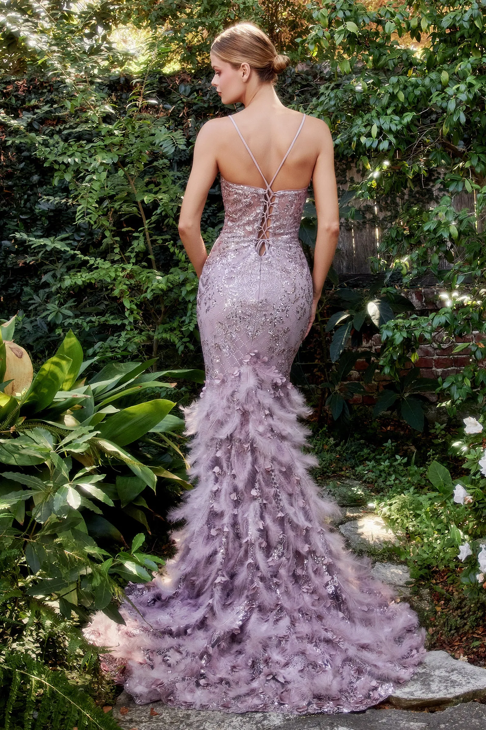 ANDREA & LEO A1116 Glitter Deep V-Neck Feather Mermaid Dress sold by The Gown Galleria product image thumbnail 5