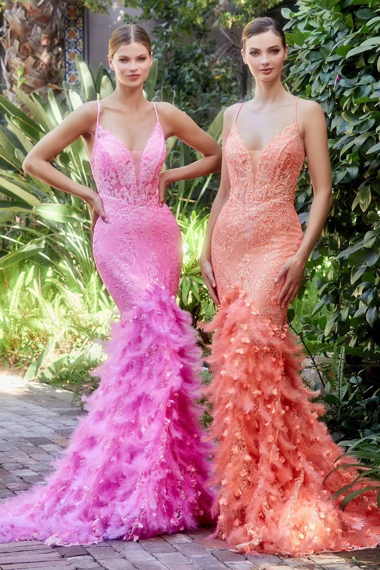 ANDREA & LEO A1116 Glitter Deep V-Neck Feather Mermaid Dress sold by The Gown Galleria