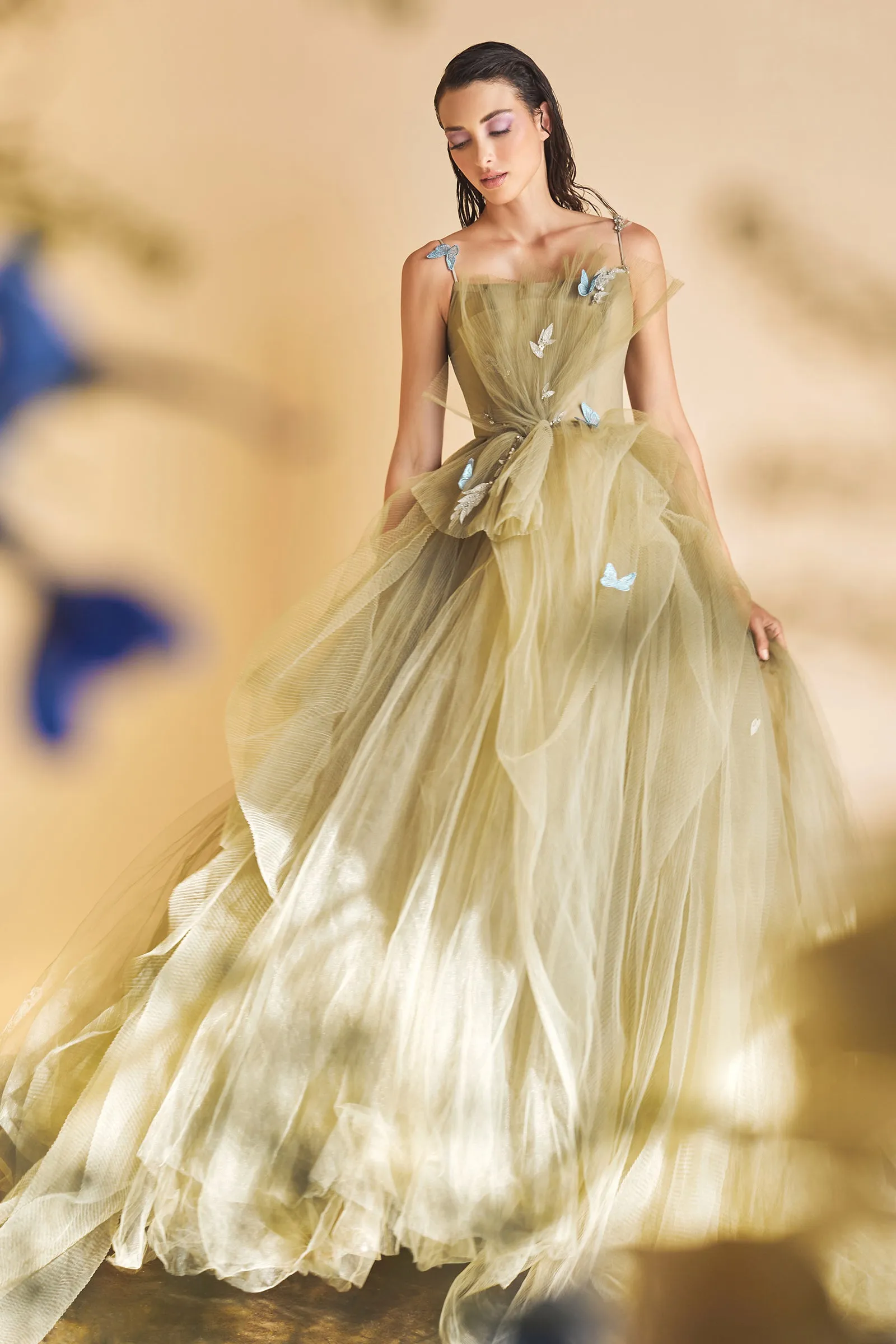ANDREA & LEO A1113 3D Butterfly Pleated Tulle A Line Dress sold by The Gown Galleria