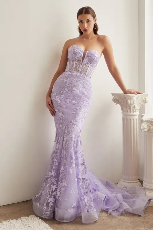 CINDERELLA DIVINE CB099 Strapless Butterfly Print Mermaid Gown sold by The Gown Galleria