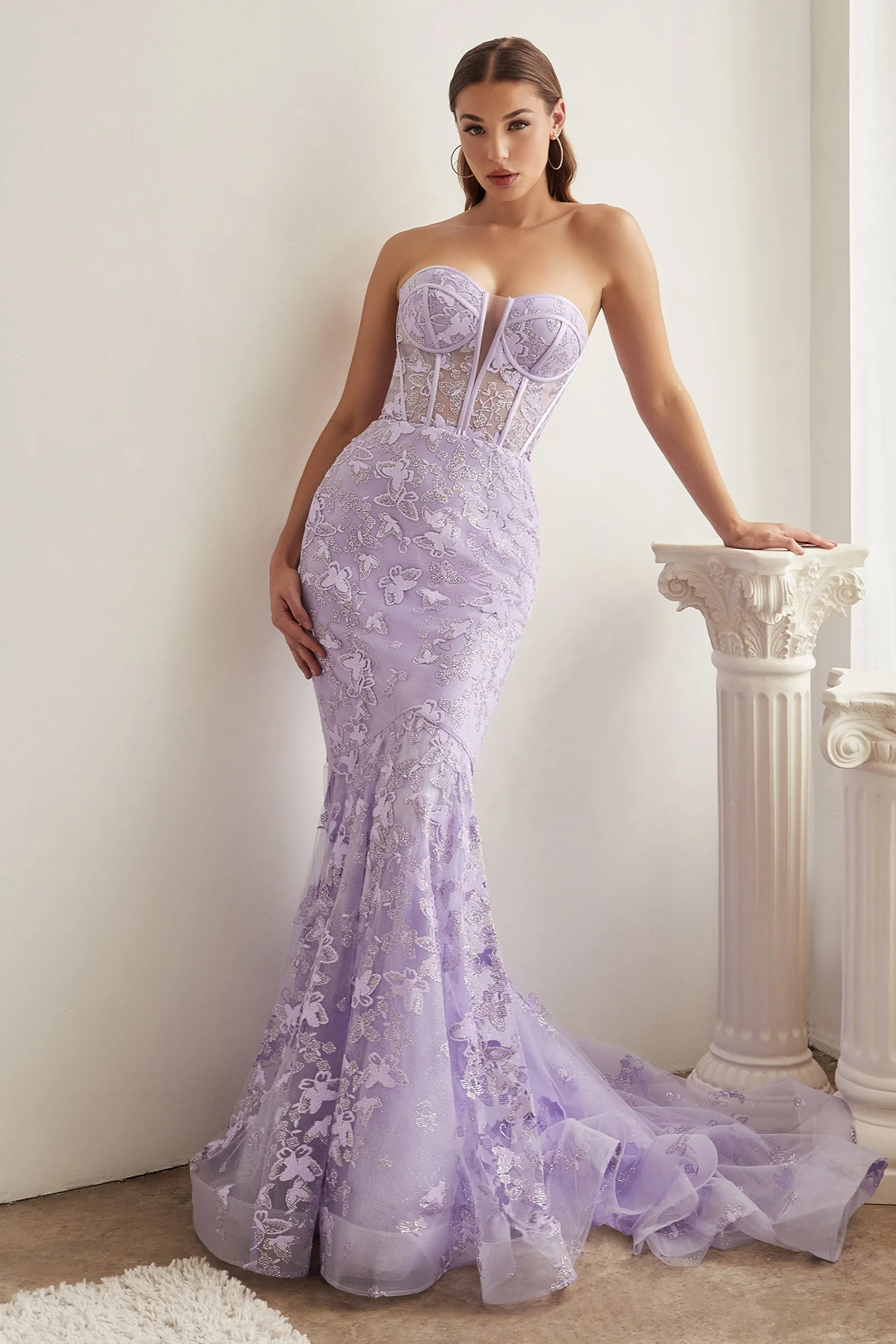 CINDERELLA DIVINE CB099 Strapless Butterfly Print Mermaid Gown sold by The Gown Galleria