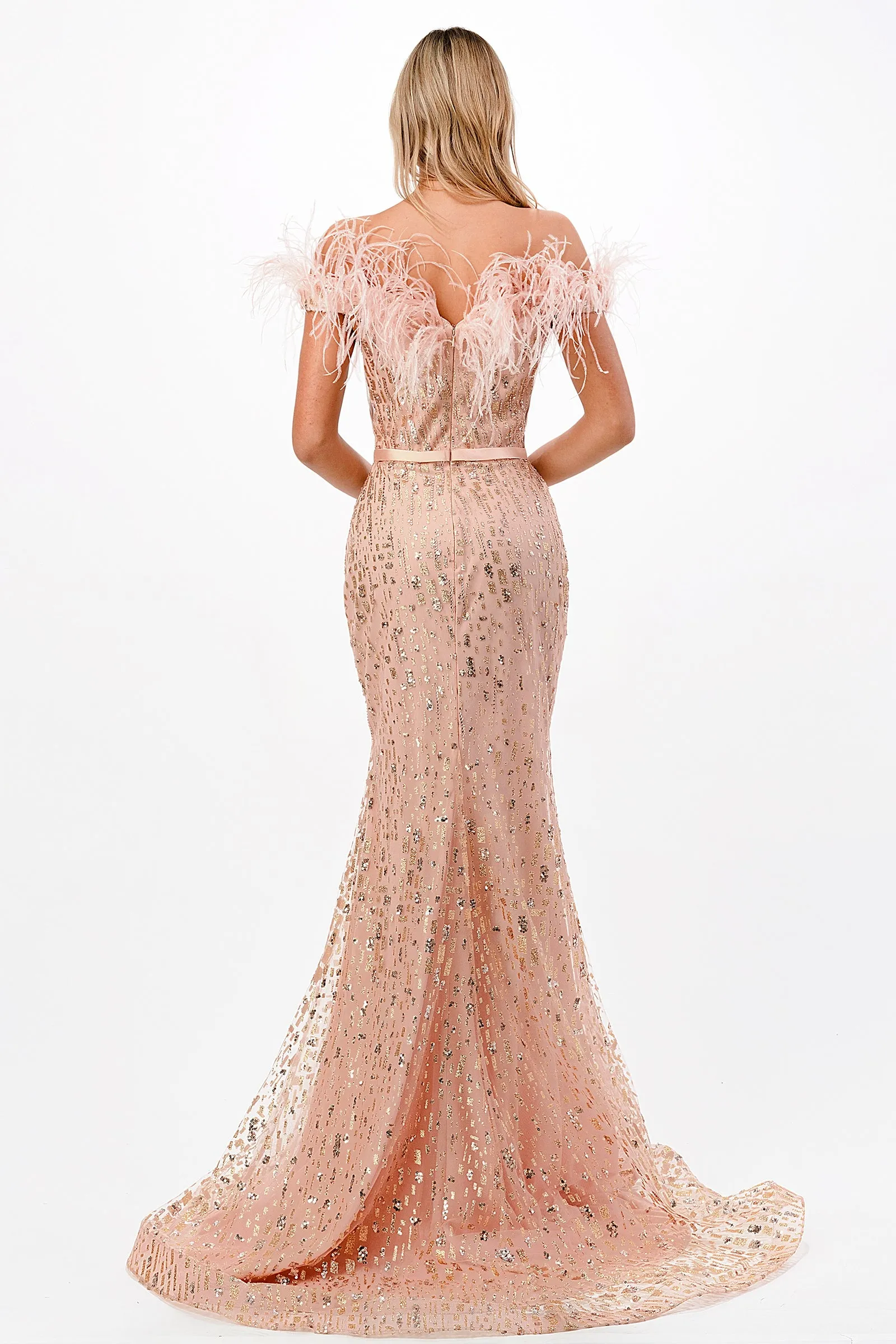CINDERELLA DIVINE CB082 Off-Shoulder Feather Gown sold by The Gown Galleria product image thumbnail 2