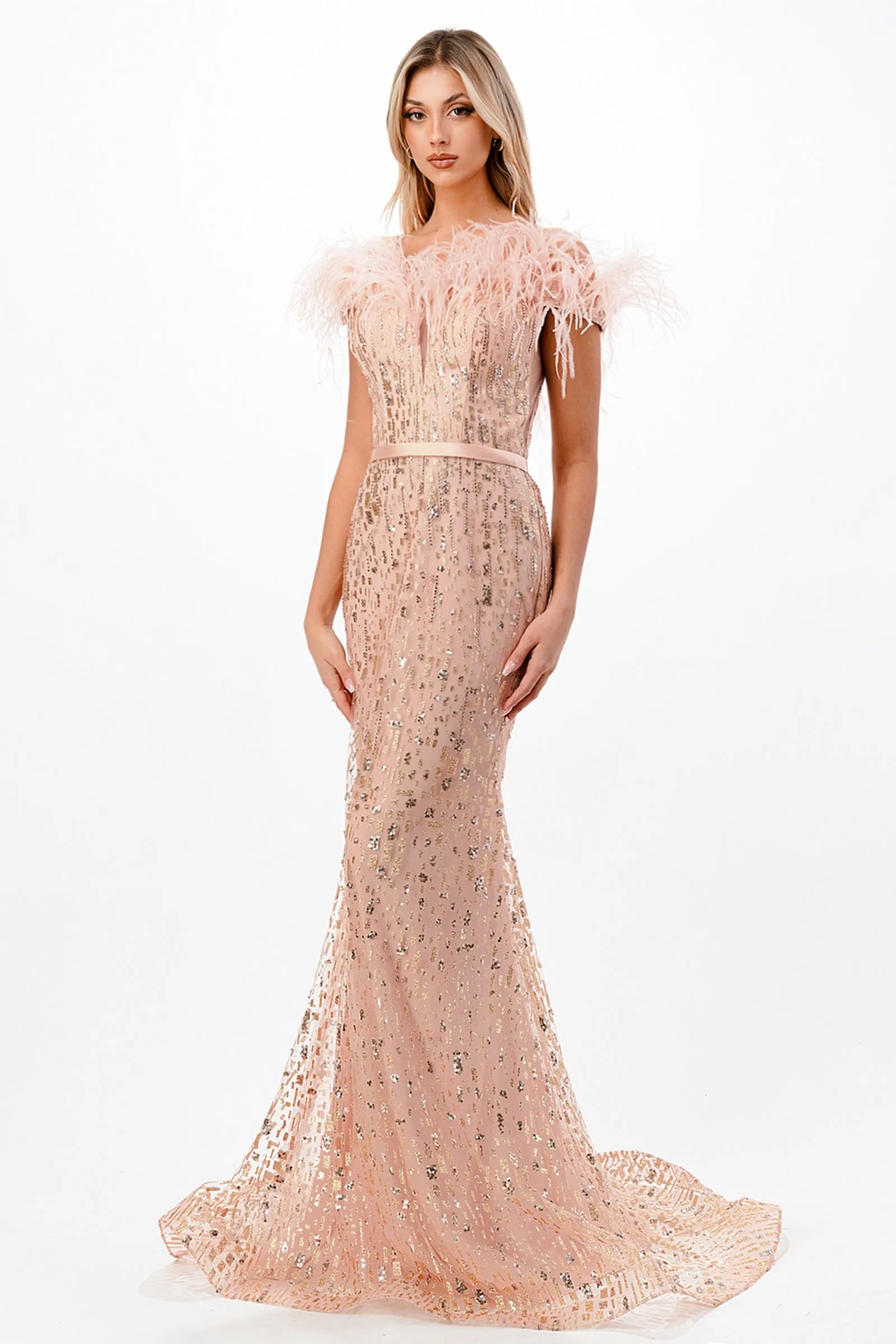 CINDERELLA DIVINE CB082 Off-Shoulder Feather Gown sold by The Gown Galleria