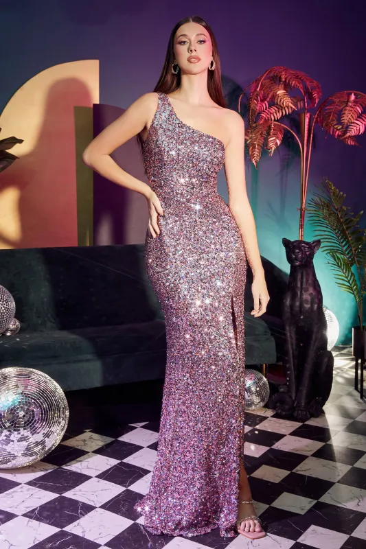 CINDERELLA DIVINE CH118 Collar Bone One-Shoulder Sequin Gown made by The Gown Galleria