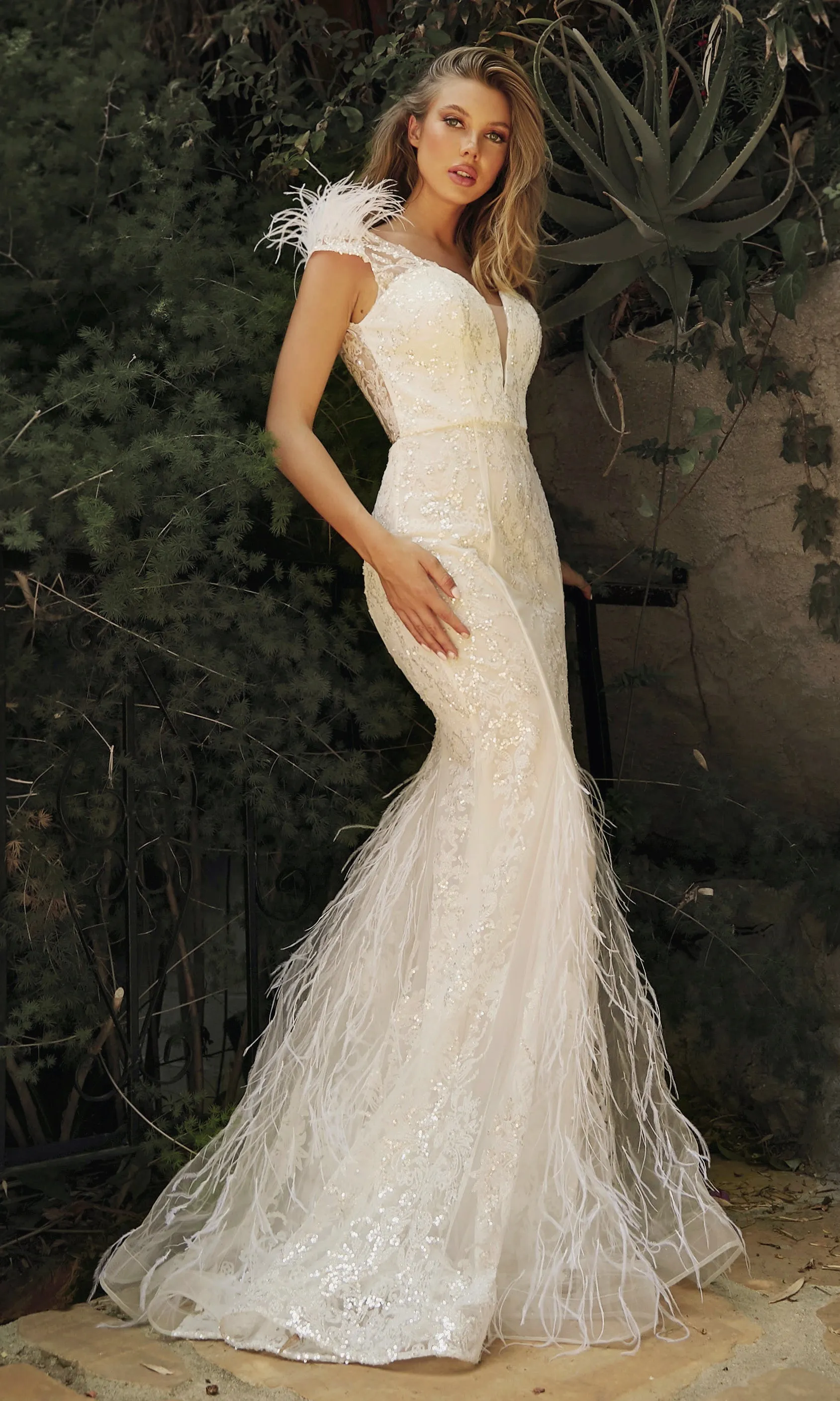 CINDERELLA DIVINE C57W Embellished Feather Mermaid Bridal Gown sold by The Gown Galleria