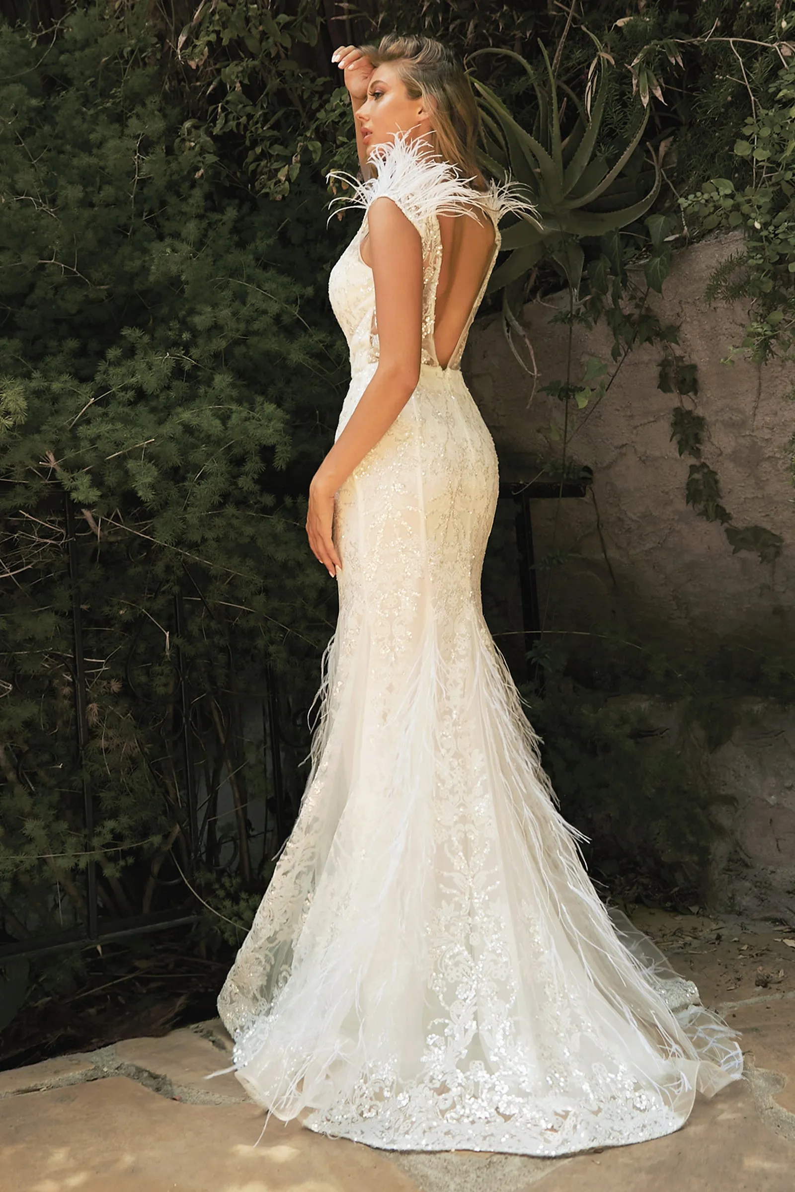 CINDERELLA DIVINE C57W Embellished Feather Mermaid Bridal Gown sold by The Gown Galleria product image thumbnail 2