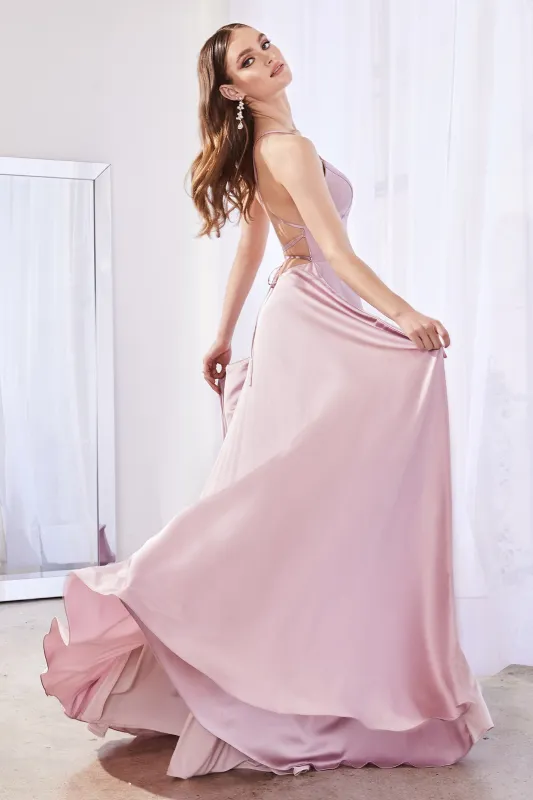 CINDERELLA DIVINE CJ527 A-Line Satin Gown with Slit sold by The Gown Galleria