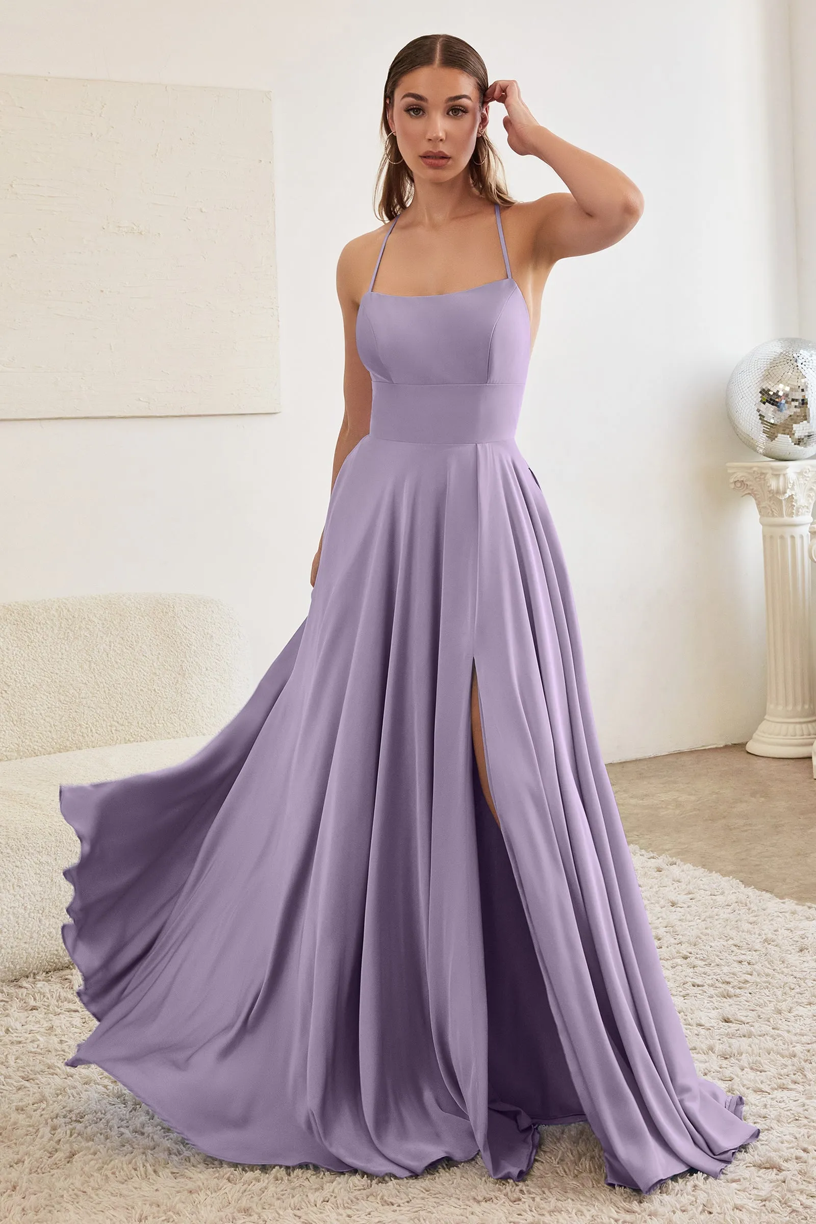 CINDERELLA DIVINE CJ527 A-Line Satin Gown with Slit sold by The Gown Galleria product image thumbnail 5