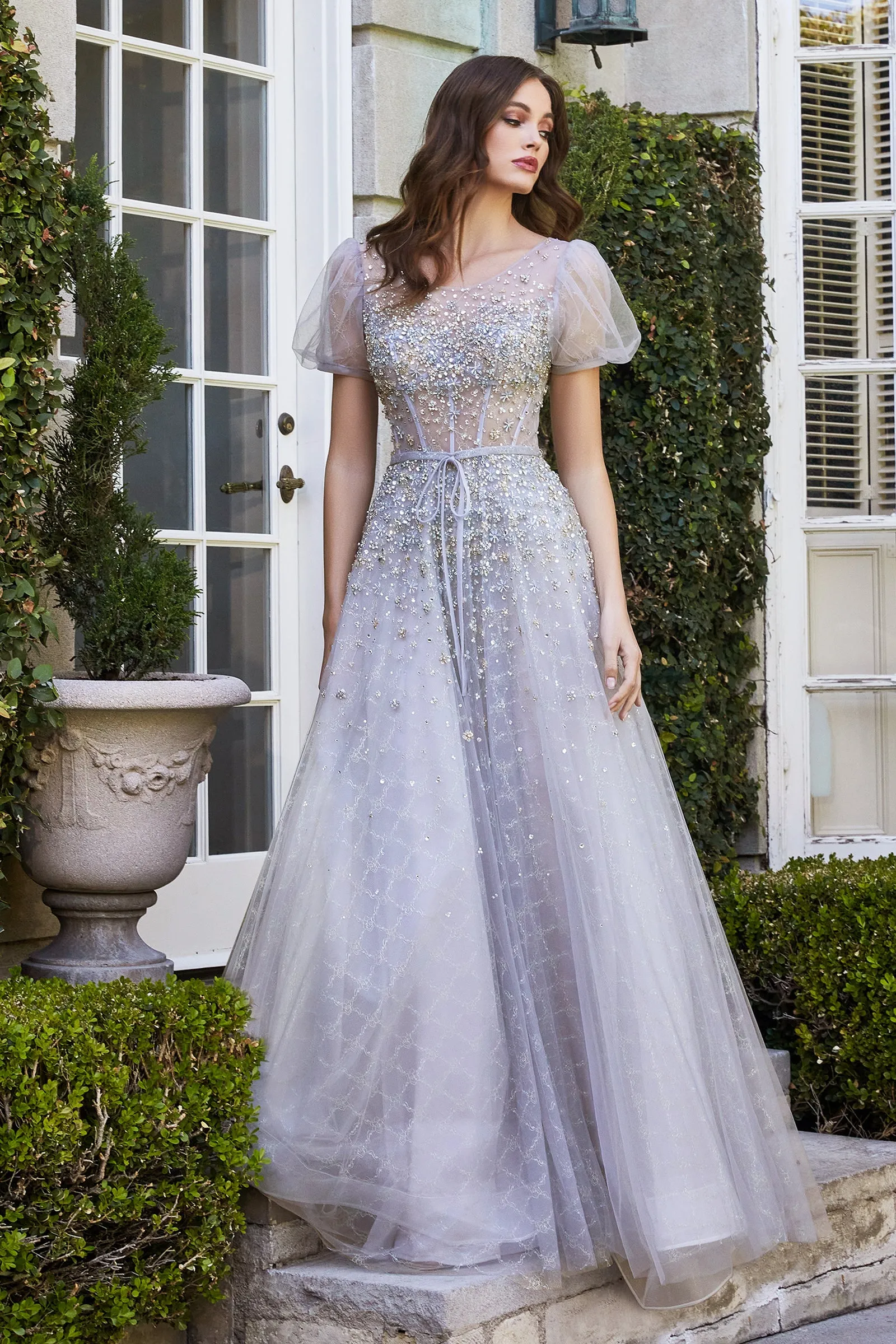 CINDERELLA DIVINE B708 Bateau Neck Short Sleeve Ball Gown sold by The Gown Galleria
