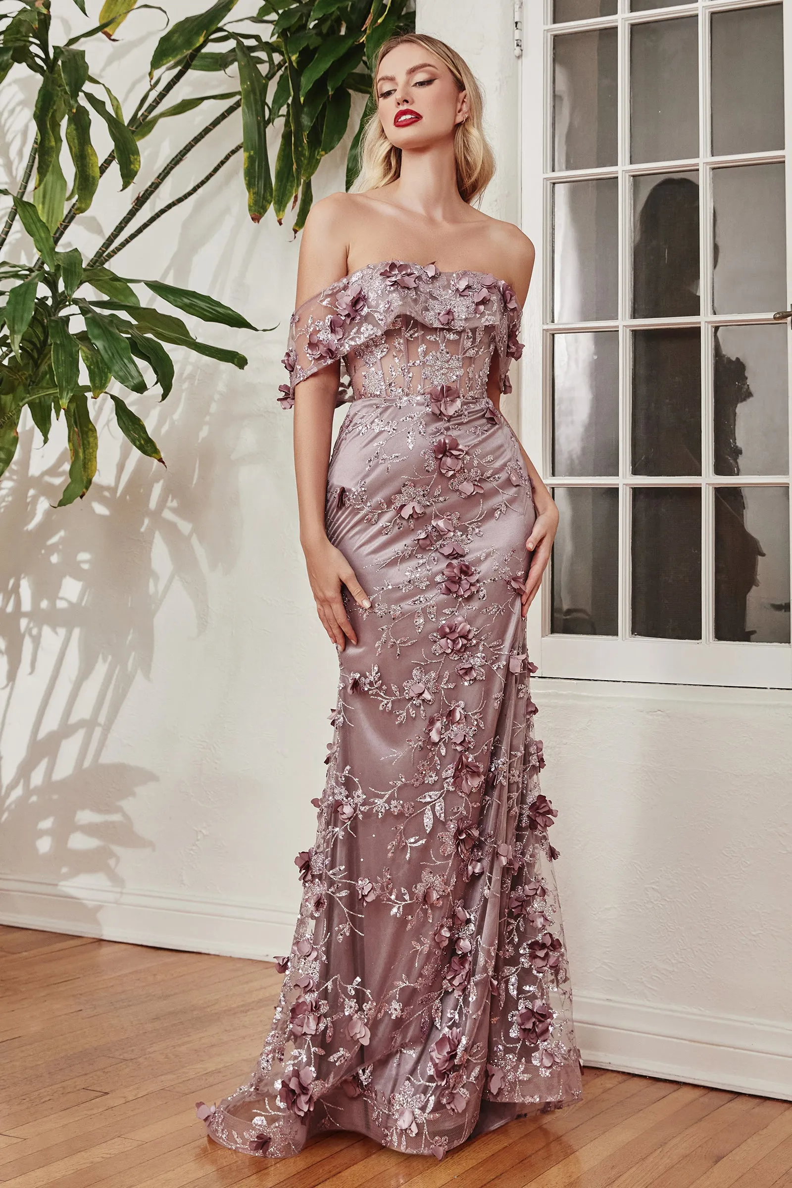 CINDERELLA DIVINE J832 3D Floral Off-Shoulder Gown with Slit sold by The Gown Galleria product image thumbnail 3