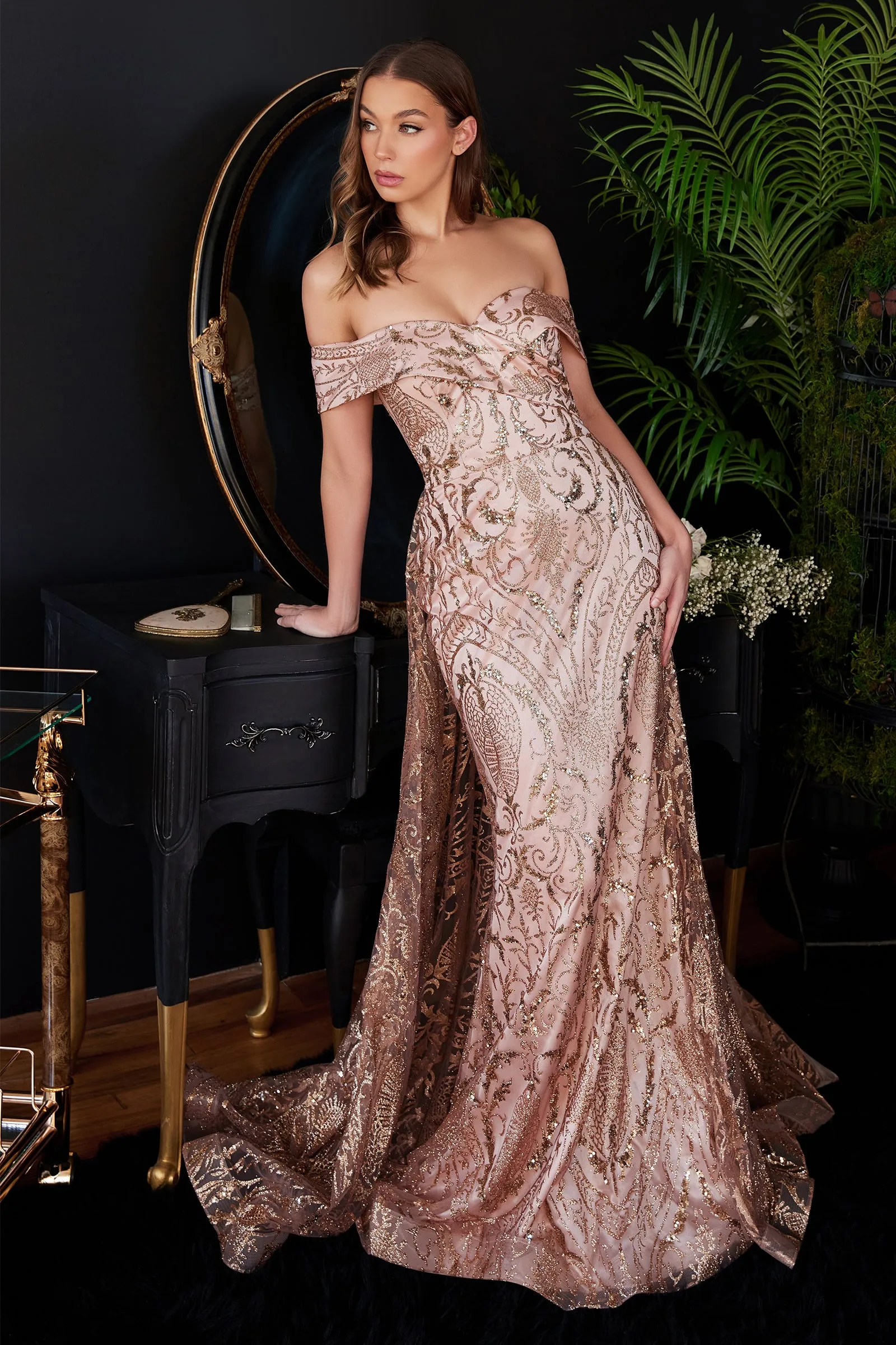 CINDERELLA DIVINE J836 Lace Glitter Off-Shoulder Gown with Overskirt sold by The Gown Galleria product image thumbnail 5