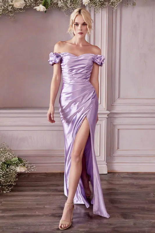 CINDERELLA DIVINE KV1056 Off-Shoulder Satin Gown with Slit sold by The Gown Galleria