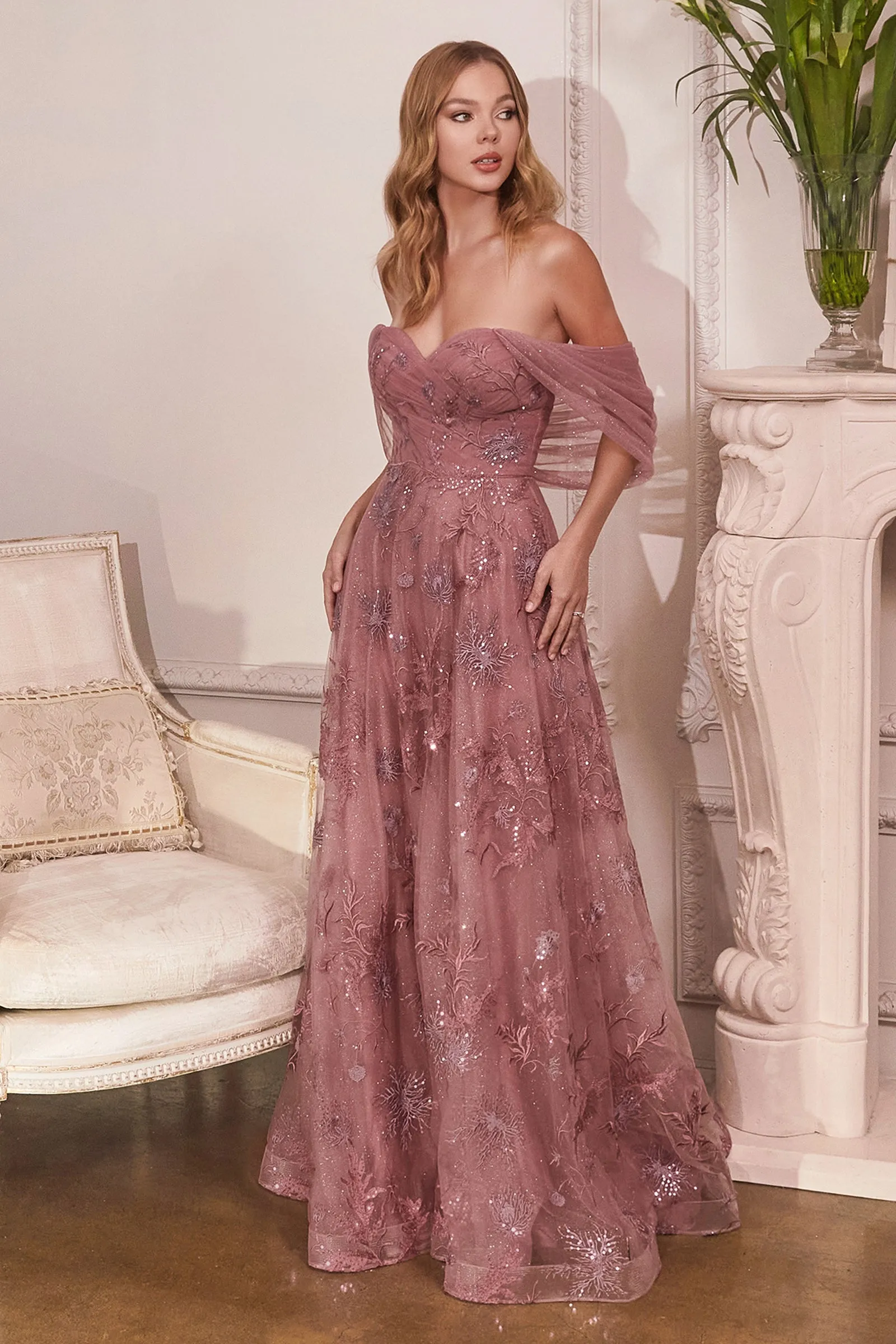 CINDERELLA DIVINE OC008 A-Line Off-Shoulder Tulle Gown with Draped Sleeves sold by The Gown Galleria