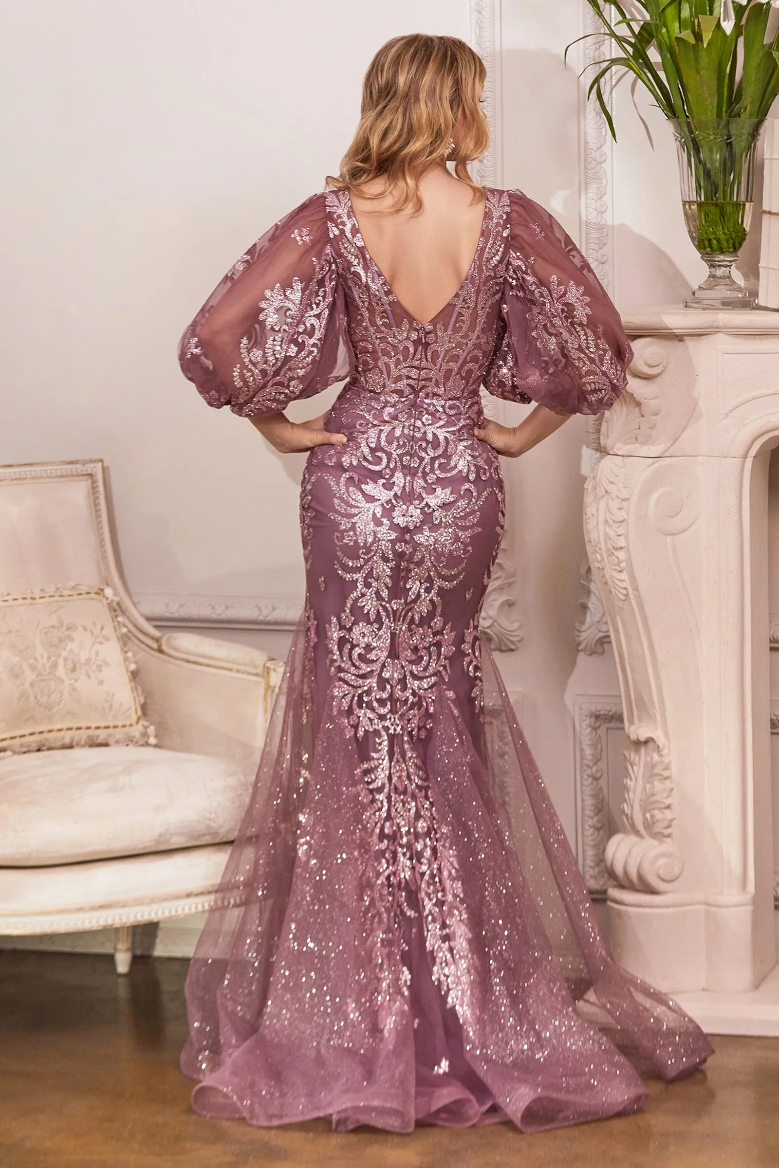 CINDERELLA DIVINE OC009 V-Neck Puff Sleeve Glitter Gown sold by The Gown Galleria product image thumbnail 2