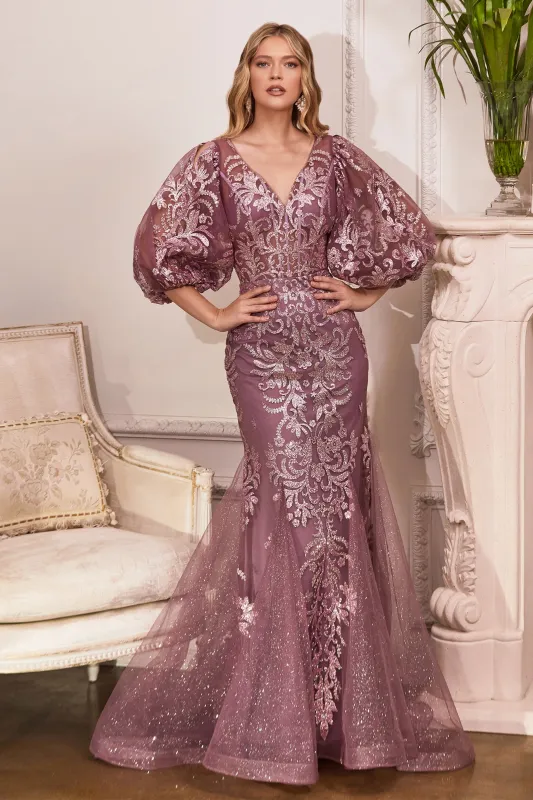 CINDERELLA DIVINE OC009 V-Neck Puff Sleeve Glitter Gown sold by The Gown Galleria