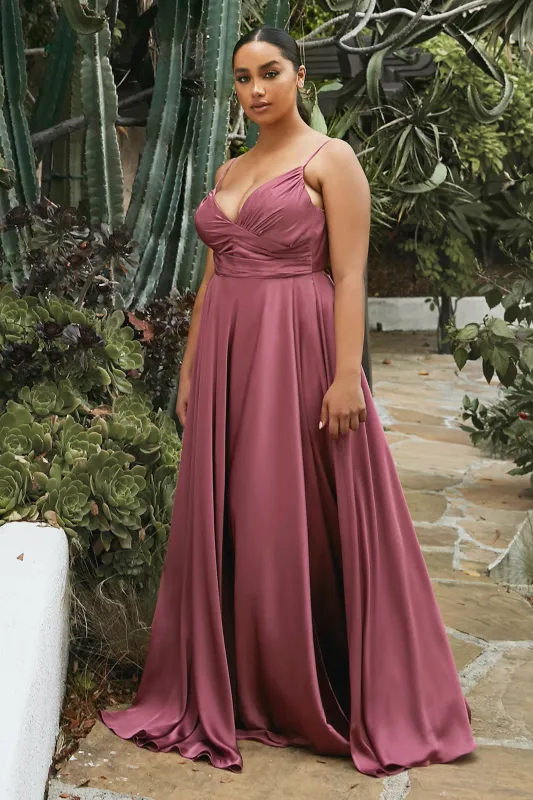 CINDERELLA DIVINE 7485C Plus Size Long V Neck Satin A-Line Dress sold by The Gown Galleria