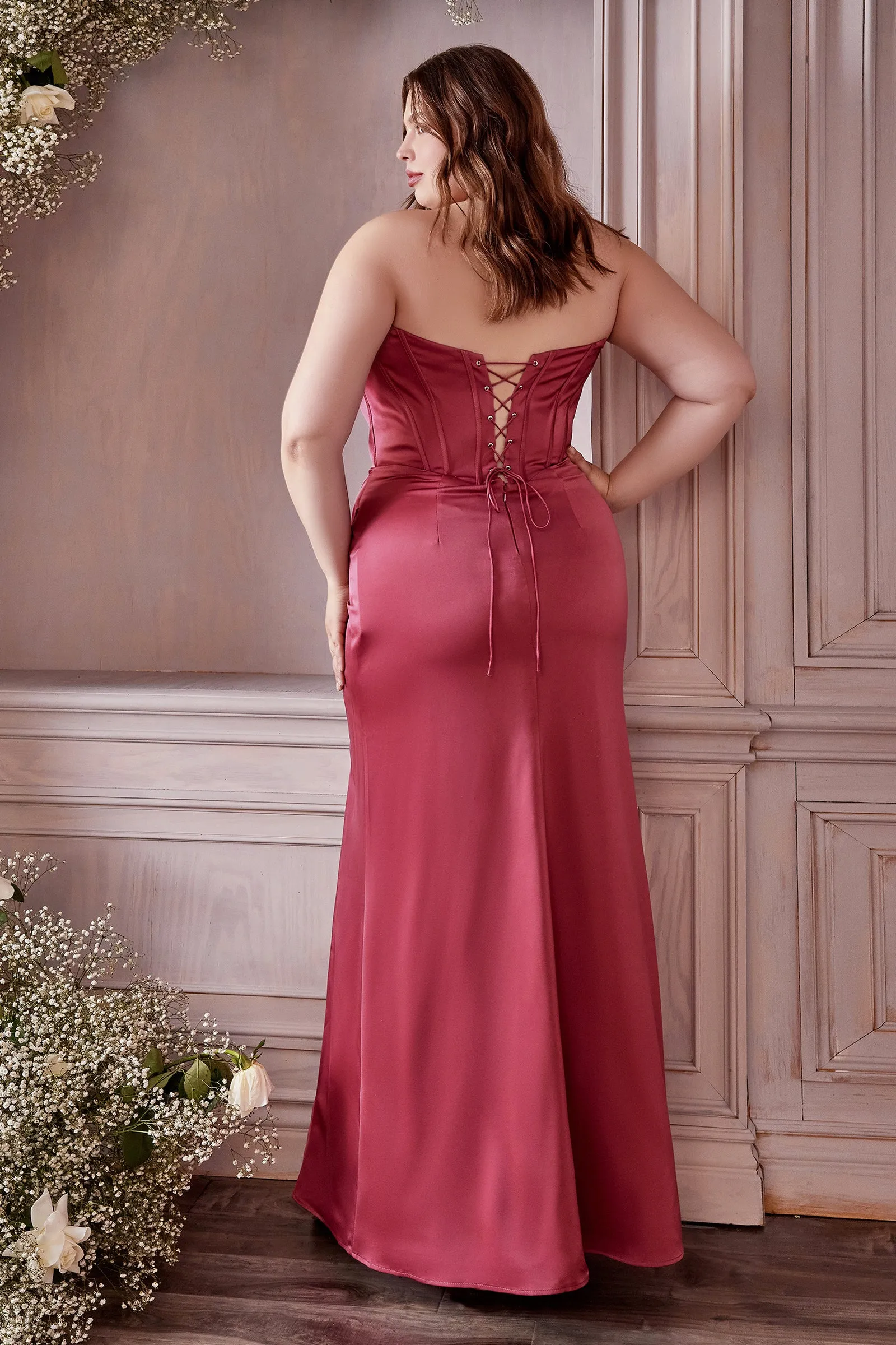 CINDERELLA DIVINE 7484C Plus Size Draped Corset Satin Gown with High Slit sold by The Gown Galleria product image thumbnail 2
