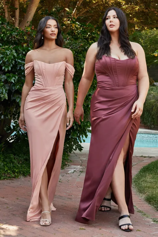 CINDERELLA DIVINE 7484C Plus Size Draped Corset Satin Gown with High Slit made by The Gown Galleria