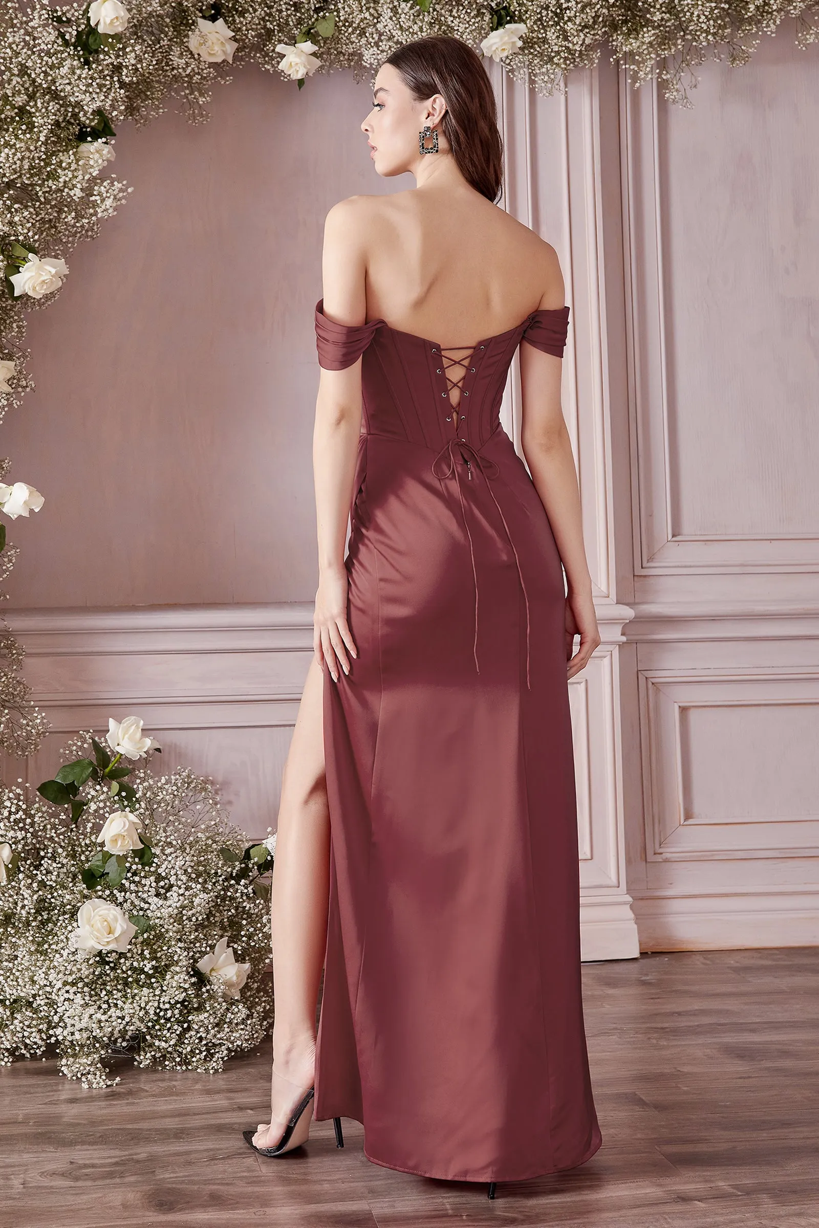 CINDERELLA DIVINE 7484 Draped Corset Satin Prom Dress with High Slit sold by The Gown Galleria product image thumbnail 2