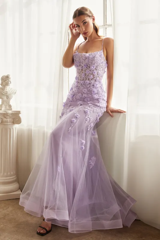 CINDERELLA DIVINE CD995 Fitted 3D Floral Applique Tulle Dress sold by The Gown Galleria