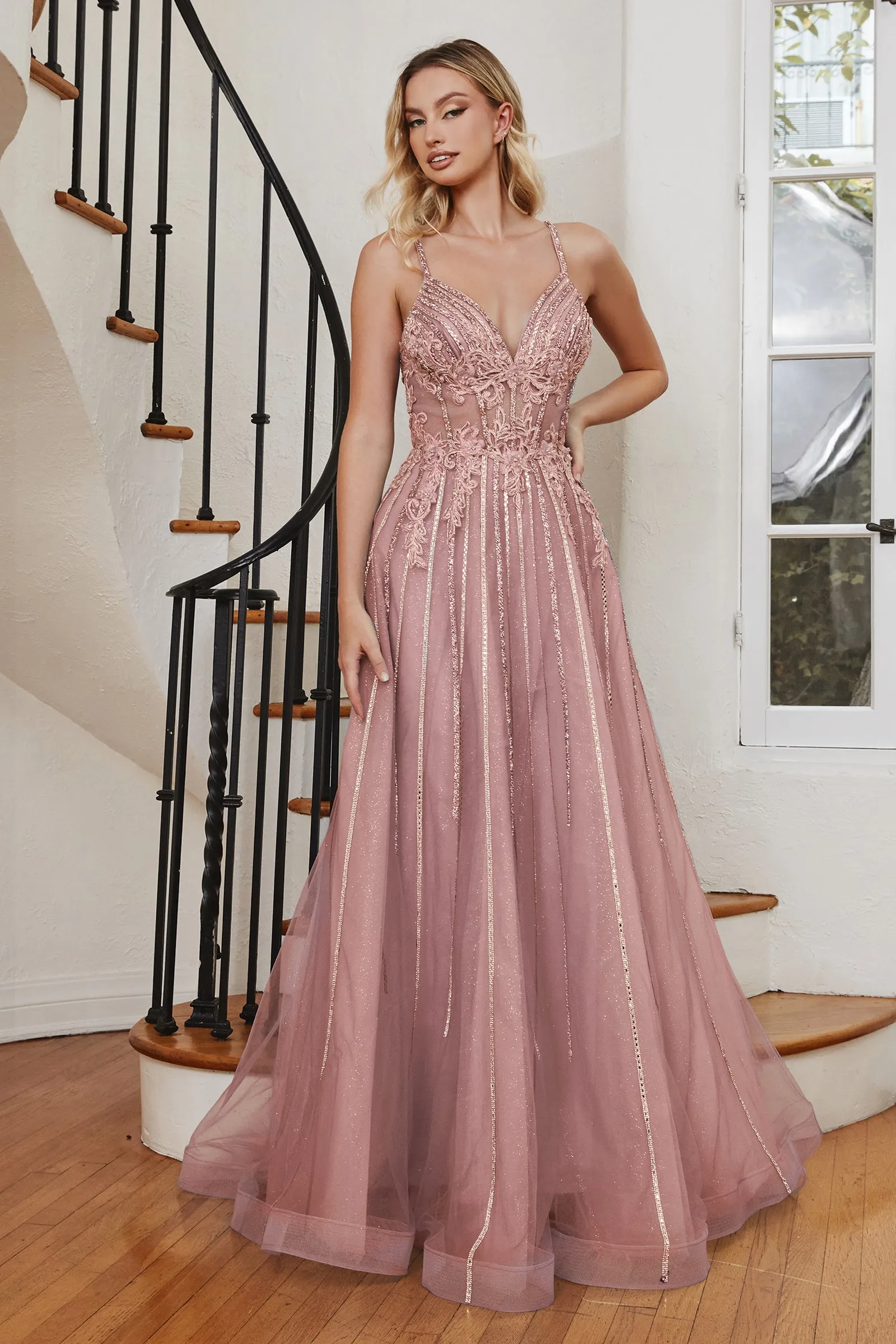 CINDERELLA DIVINE CD994 A-Line Beaded V-Neck Tulle Gown sold by The Gown Galleria product image thumbnail 3
