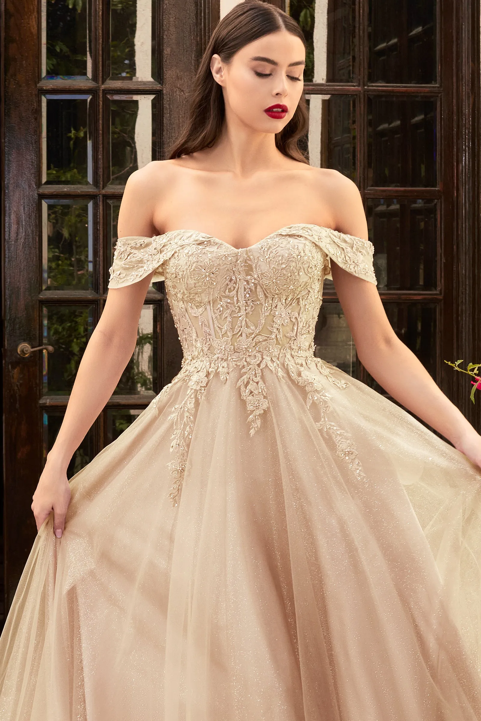 CINDERELLA DIVINE CD961 Lace Off-Shoulder Corset Gown sold by The Gown Galleria product image thumbnail 4