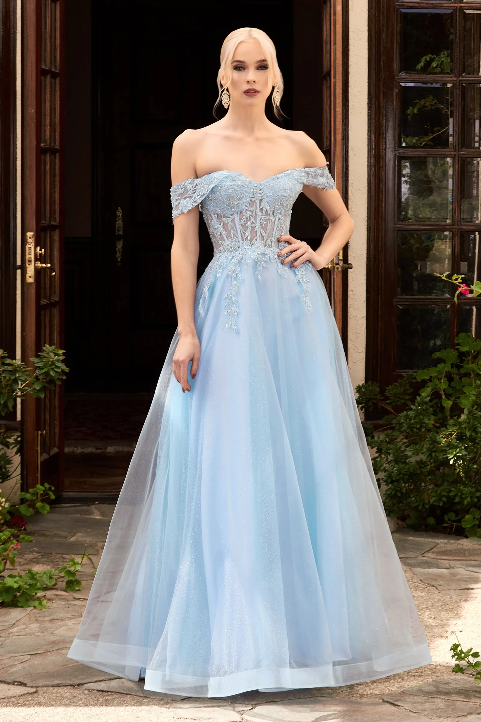 CINDERELLA DIVINE CD961 Lace Off-Shoulder Corset Gown sold by The Gown Galleria