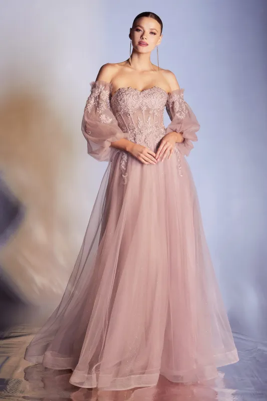CINDERELLA DIVINE CD948 Off-Shoulder Bishop Sleeve Corset Gown sold by The Gown Galleria
