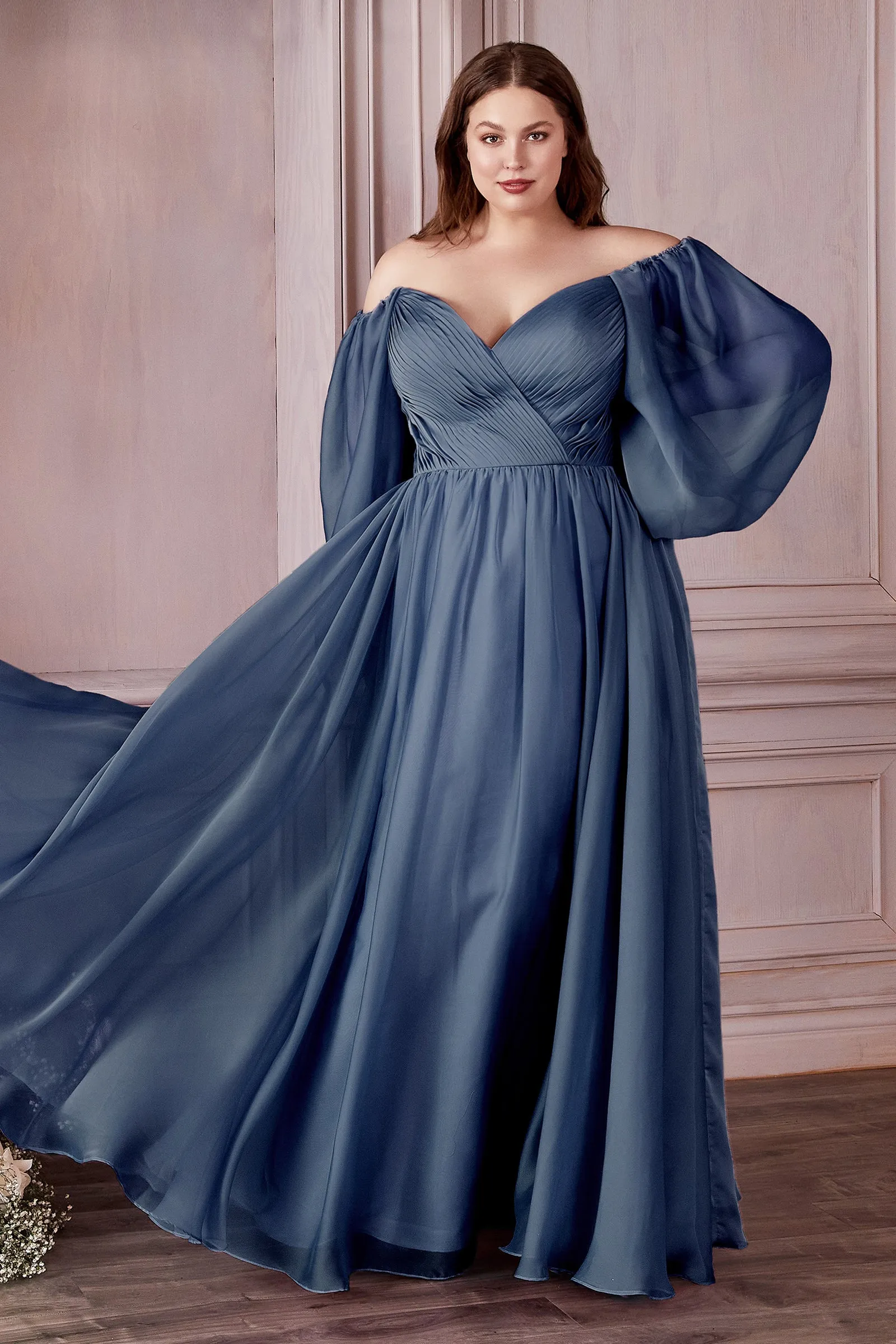CINDERELLA DIVINE CD243C Plus Size A-Line Long Sleeve Chiffon Gown sold by The Gown Galleria