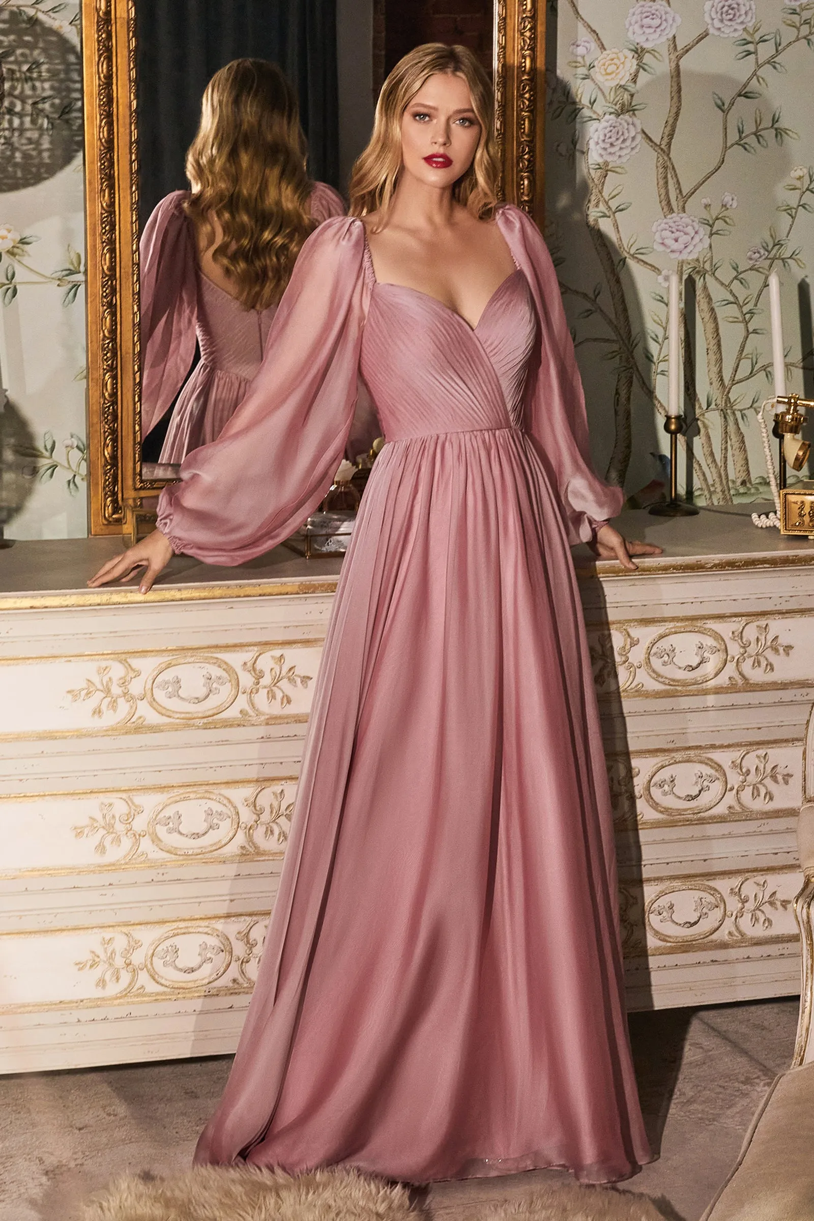 CINDERELLA DIVINE CD243 A-Line Long Sleeve Chiffon Gown sold by The Gown Galleria