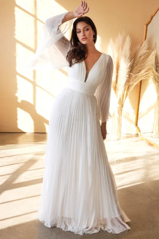 CINDERELLA DIVINE CD242W Pleated Long Sleeve Chiffon Bridal Gown sold by The Gown Galleria