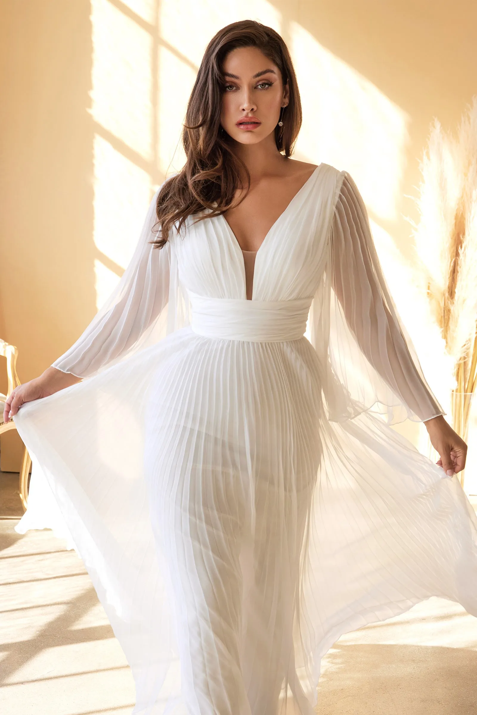 CINDERELLA DIVINE CD242W Pleated Long Sleeve Chiffon Bridal Gown sold by The Gown Galleria product image thumbnail 4